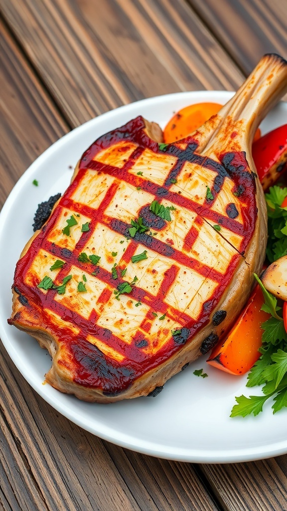Grilled pork chop on a plate with herbs and grilled vegetables on a rustic table.